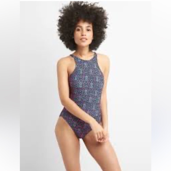 GAP High Neck Cross Back One Piece Bathing Suit Swimsuit Black Pattern - Picture 2 of 5